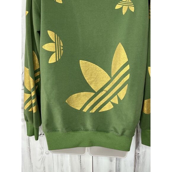 MENS ADIDAS GREEN GOLD METALLIC ALLOVER TREFOIL LOGO PULLOVER SWEATSHIRT S? - Picture 9 of 14